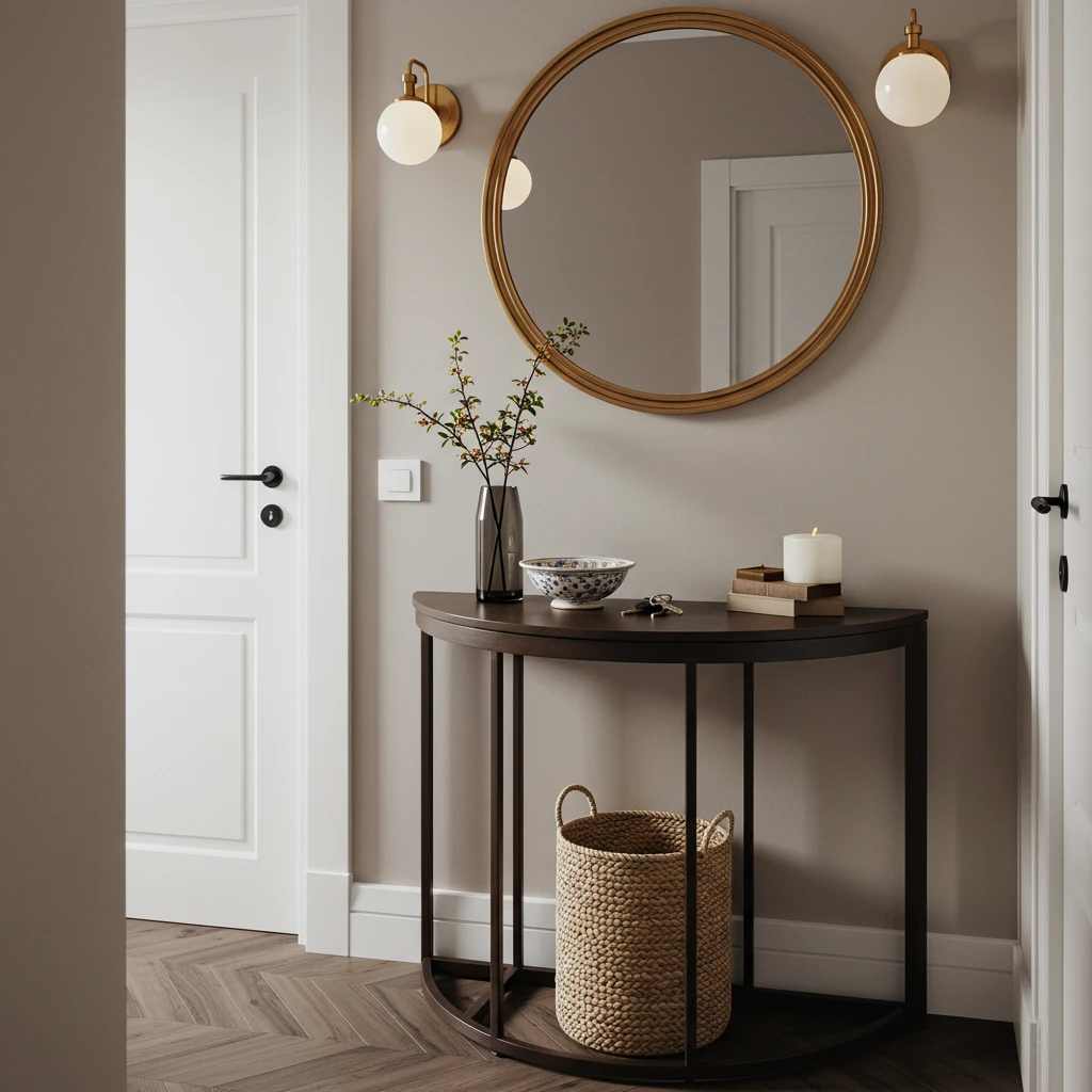 A creative and functional entryway zone in a one-bedroom apartment, using a slim console table and a round mirror.
