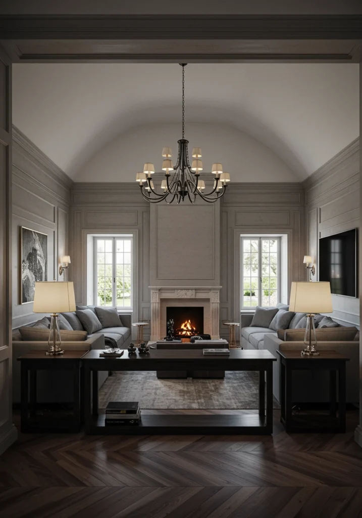 A creative layout for a large room using two back-to-back sofas to create separate fireplace and TV zones.