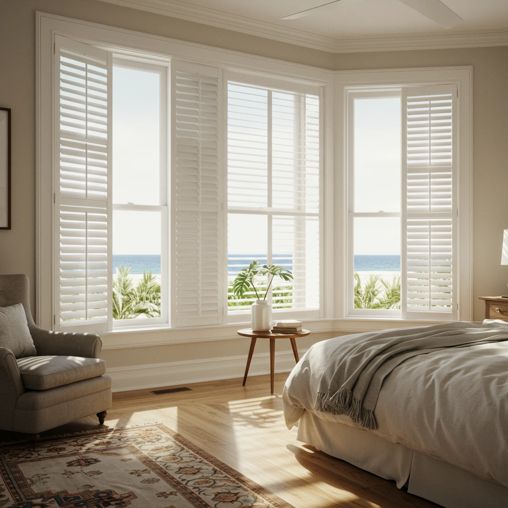 A bright bedroom with classic white plantation shutters on the windows, creating beautiful, dappled light.