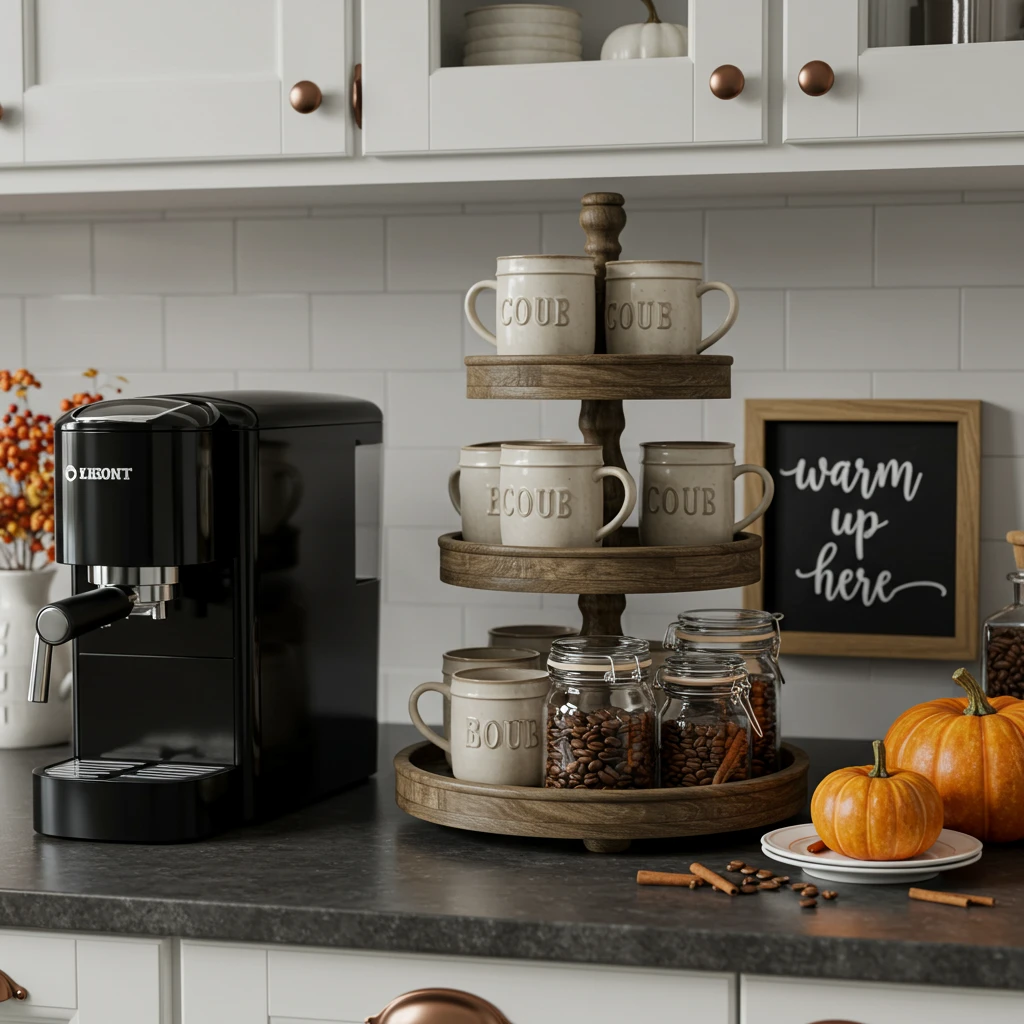 A cozy fall coffee and beverage station set up on a farmhouse kitchen counter with stoneware mugs.