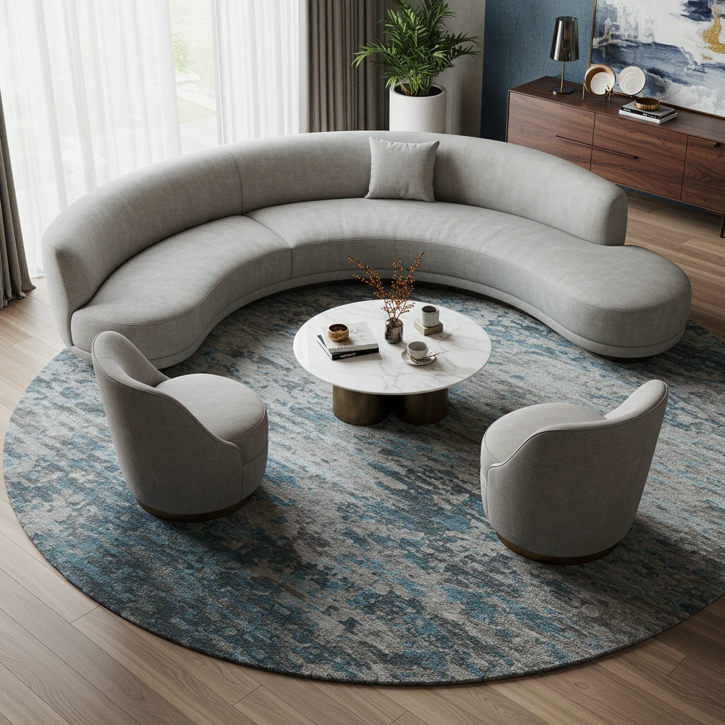 A contemporary living room with a large, circular area rug defining a cozy, curved seating area.