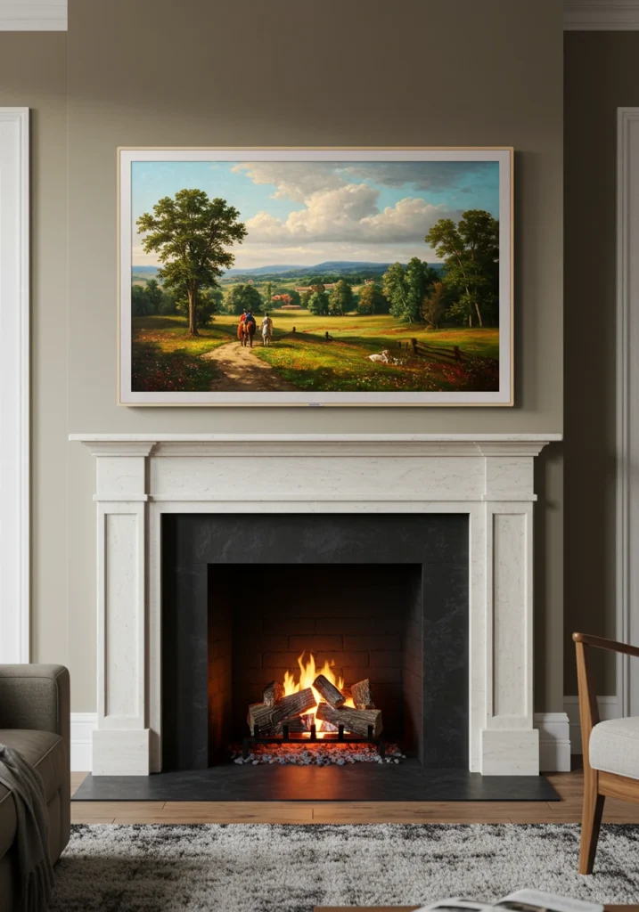 A living room featuring an "Art TV" mounted above the fireplace, disguised as a painting to reduce focal points.