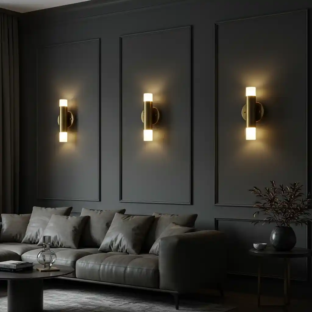 A sophisticated long wall decorated with a series of three modern, brass wall sconces above the sofa.