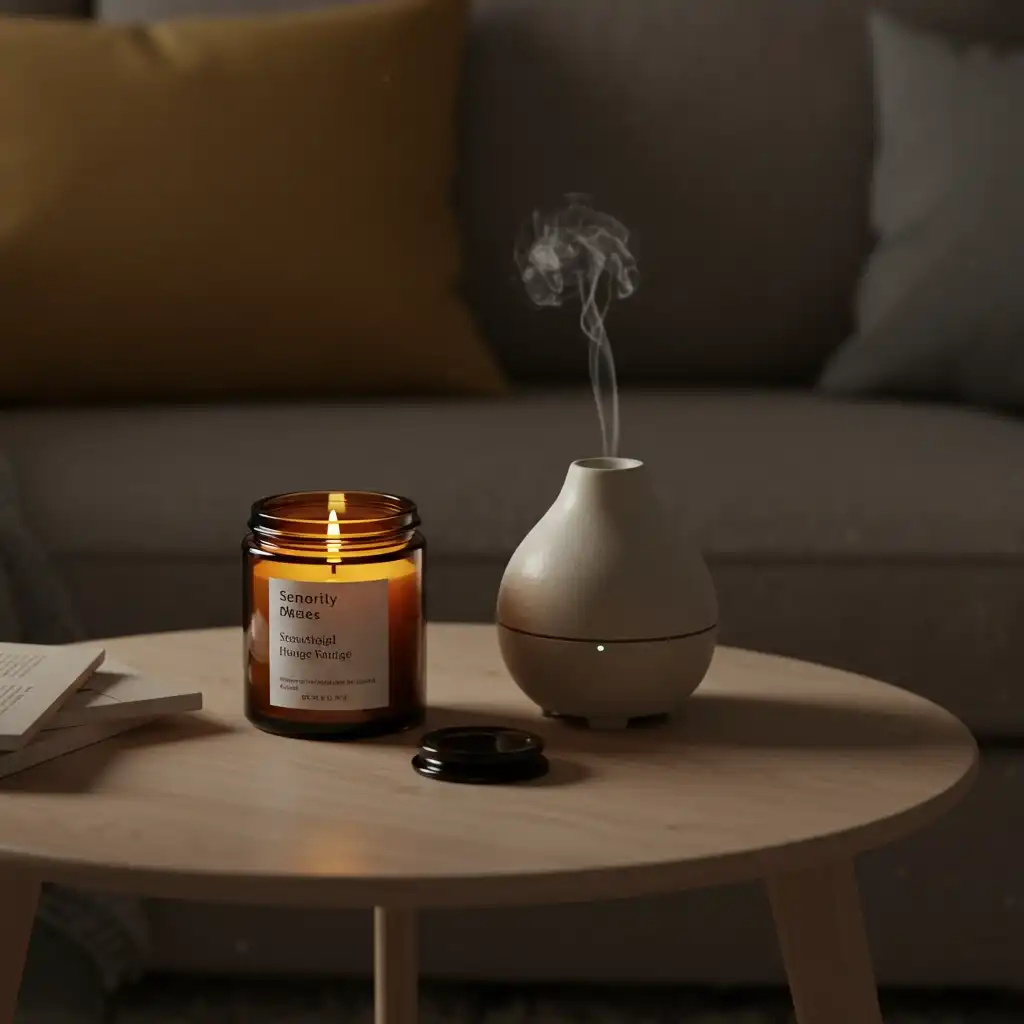 A cozy living room with a scented candle and an essential oil diffuser creating a warm, comforting ambiance.