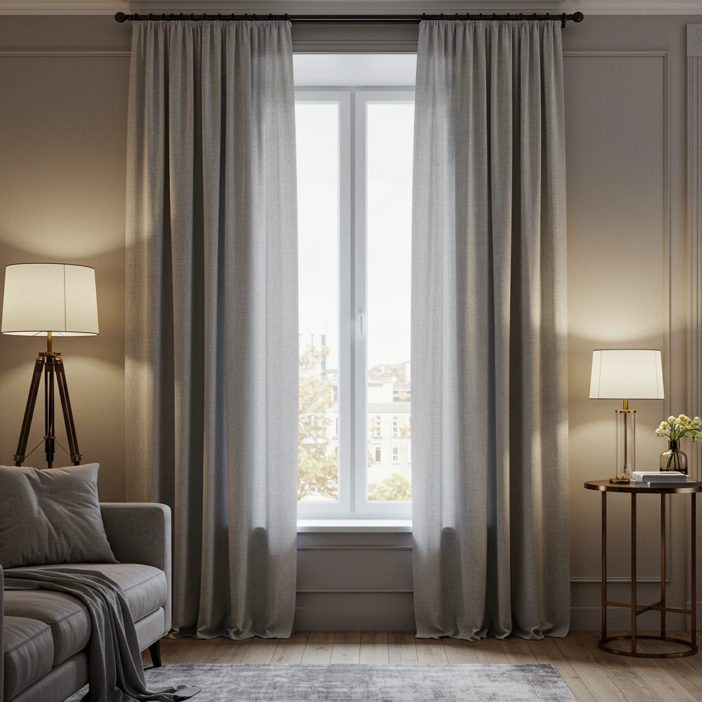 A one-bedroom apartment with curtains hung high and wide to create an illusion of height and space.