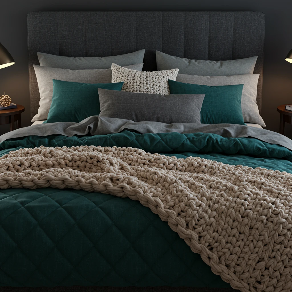 A cozy, layered bed styled for fall with a deep teal velvet quilt and a chunky knit throw.