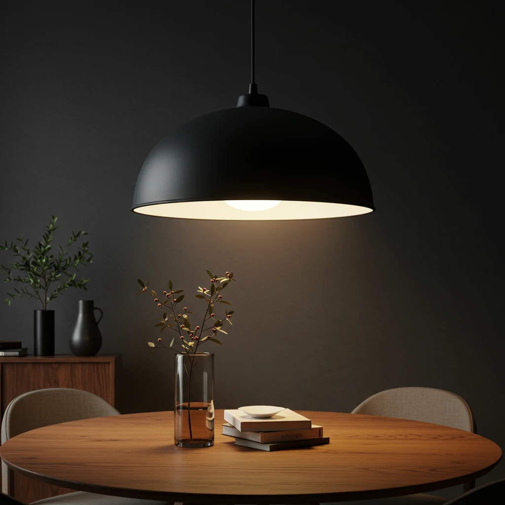 A large, matte black dome pendant light hanging over a round dining table in a Scandinavian-style room.
