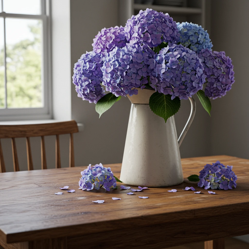 A classic white ironstone pitcher overflowing with a beautiful bouquet of fresh blue hydrangeas.