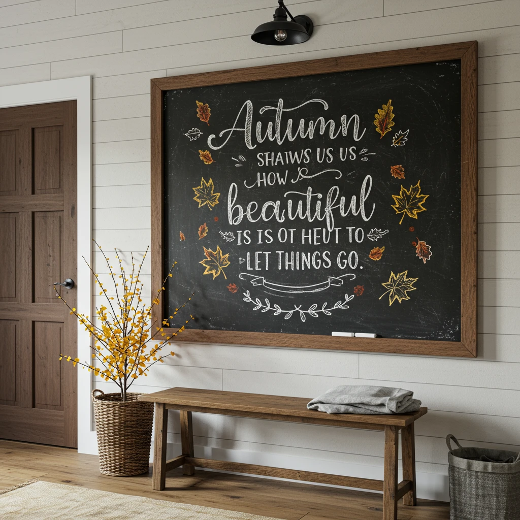 A large farmhouse chalkboard with a beautiful, hand-lettered fall quote and leaf drawings.