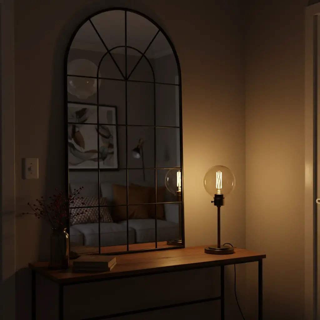 An elegant apartment entryway with a large, arched leaning mirror amplifying the warm glow of a table lamp for a cozy fall effect.