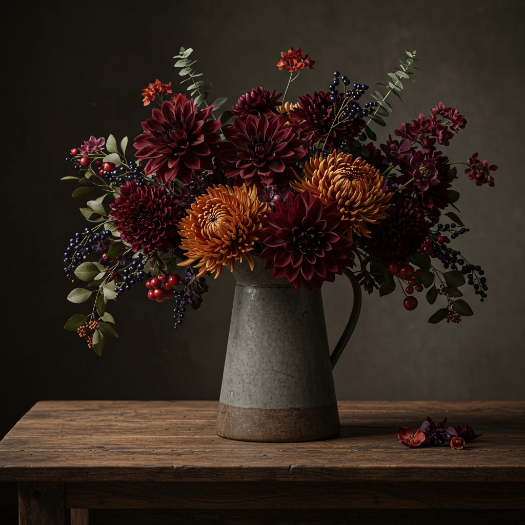 A moody and romantic fall floral arrangement in a stoneware pitcher with burgundy dahlias and eucalyptus.
