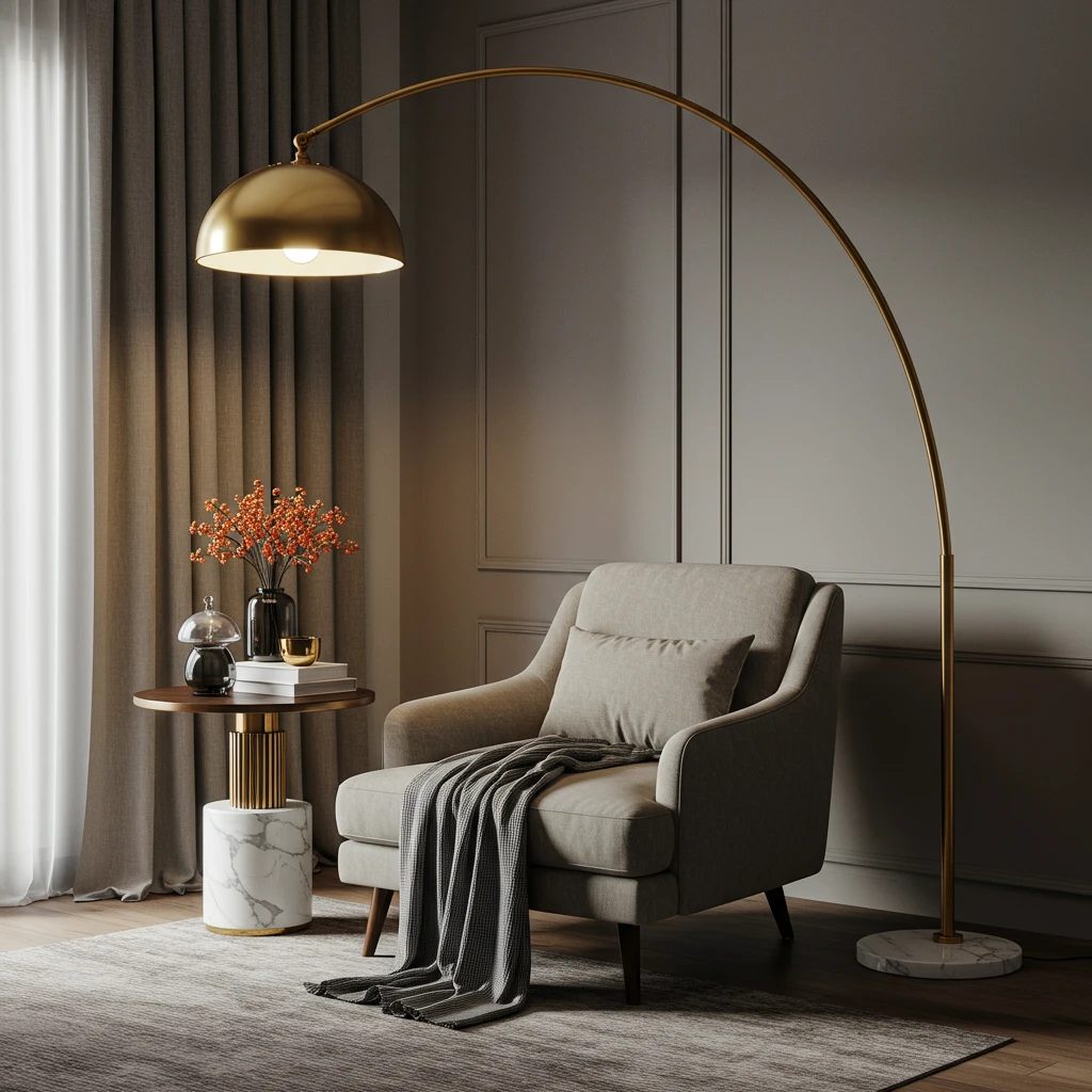A large, brass arc floor lamp with a marble base curving over an armchair in a contemporary living room.