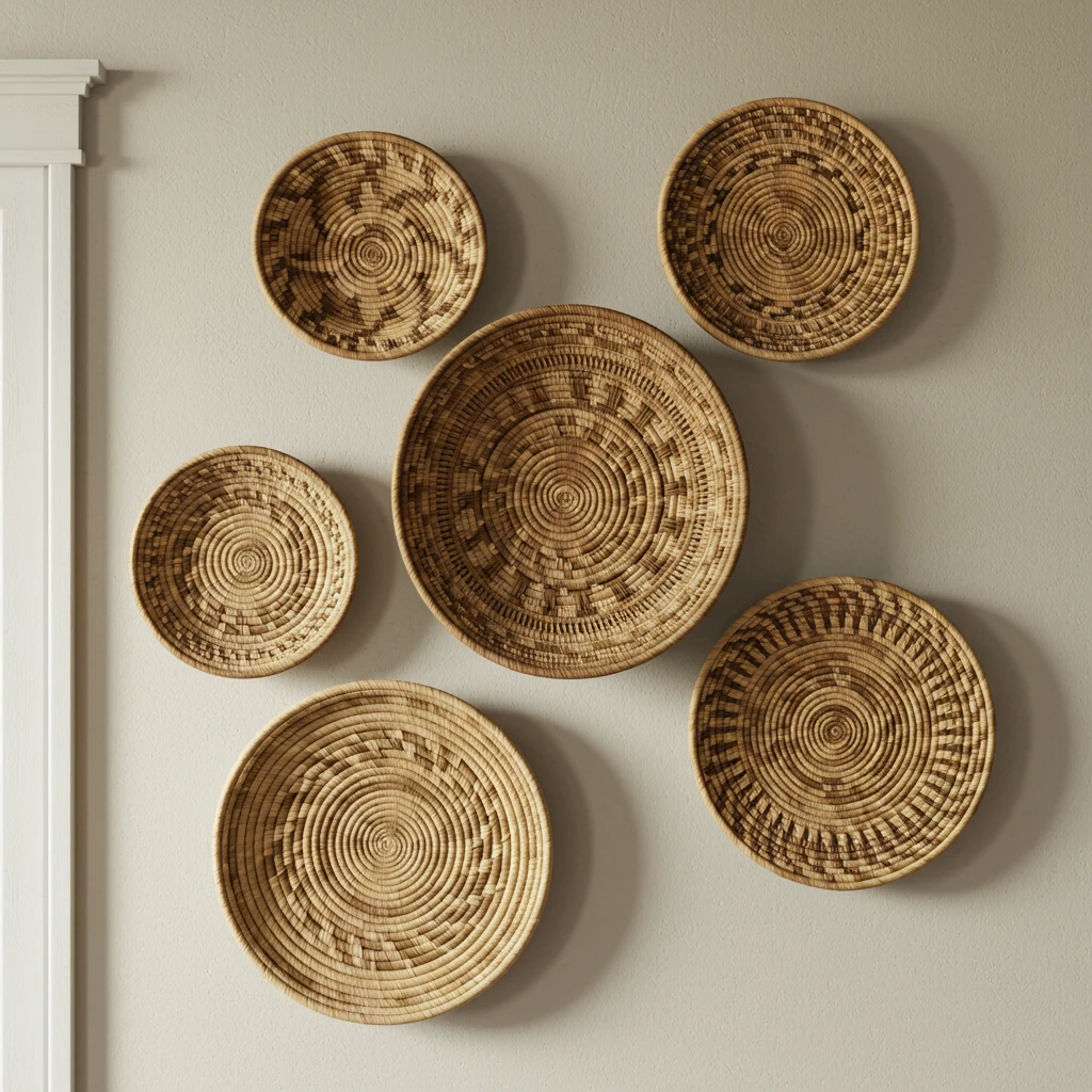 A unique wall art display made from a collection of hand-woven, textural sweetgrass baskets.