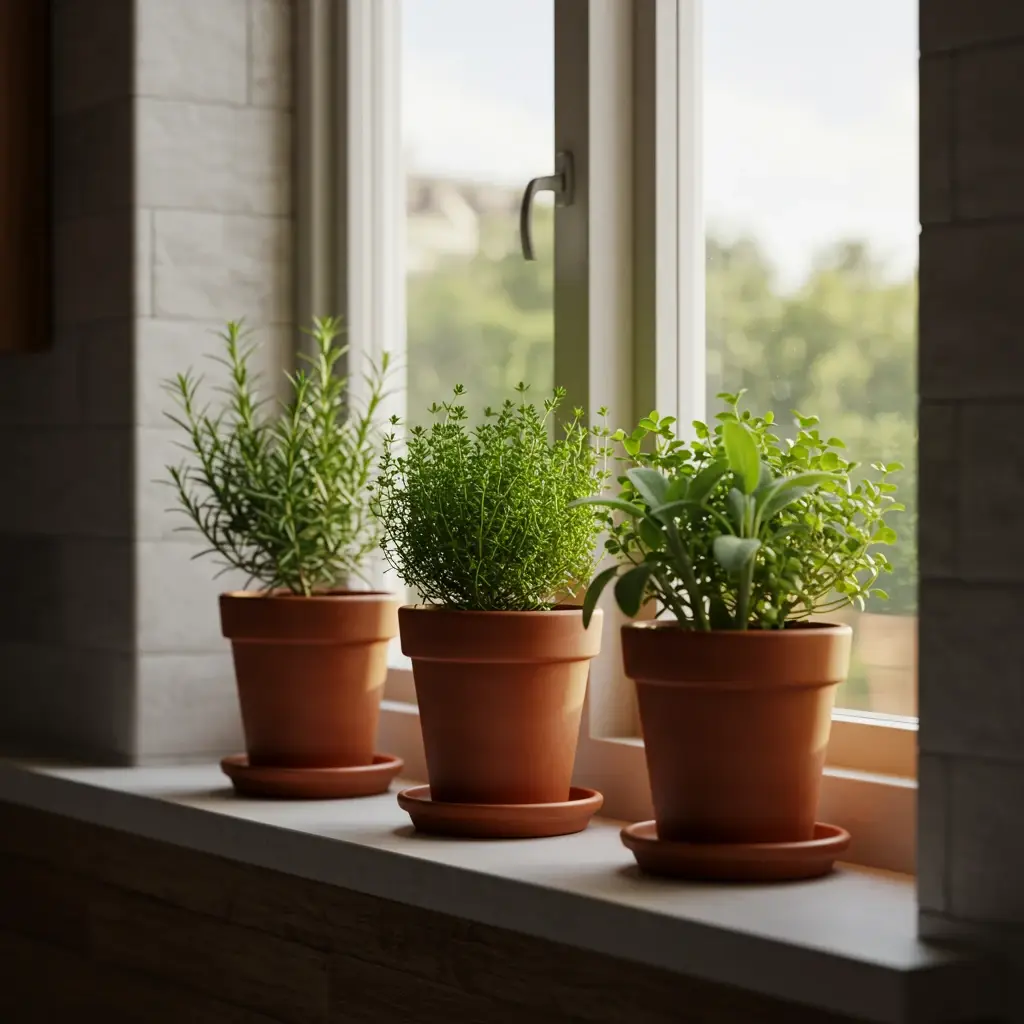 A sunny apartment windowsill with a mini indoor herb garden of rosemary, sage, and thyme in terracotta pots.