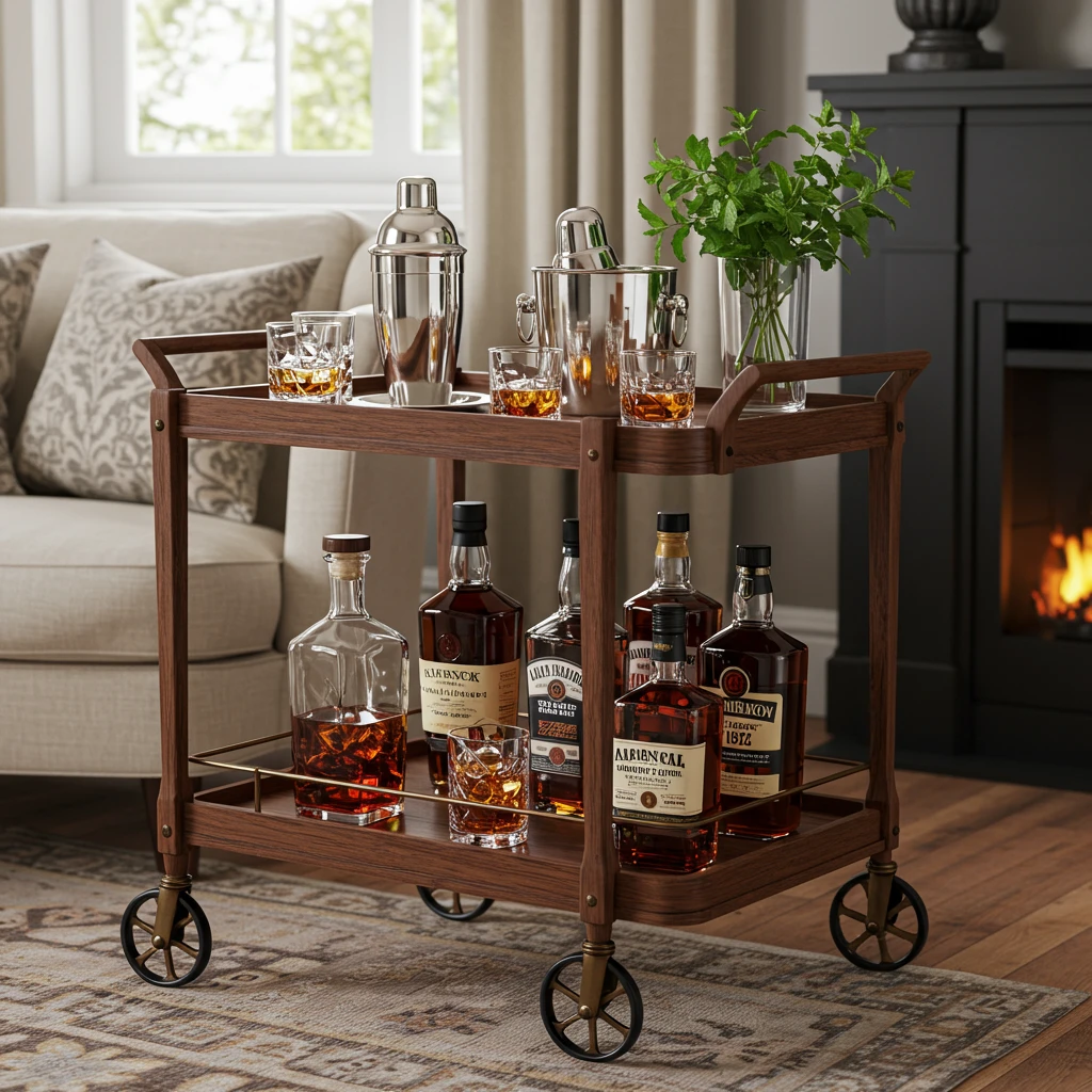 An elegant, well-stocked bar cart, a staple of Southern hospitality.