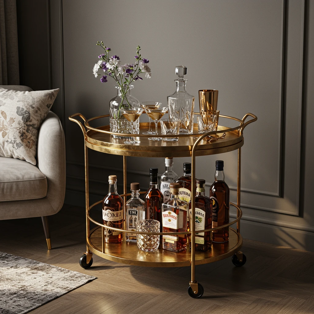 A glamorous, round, gold-finished bar cart styled with a crystal decanter and glassware.