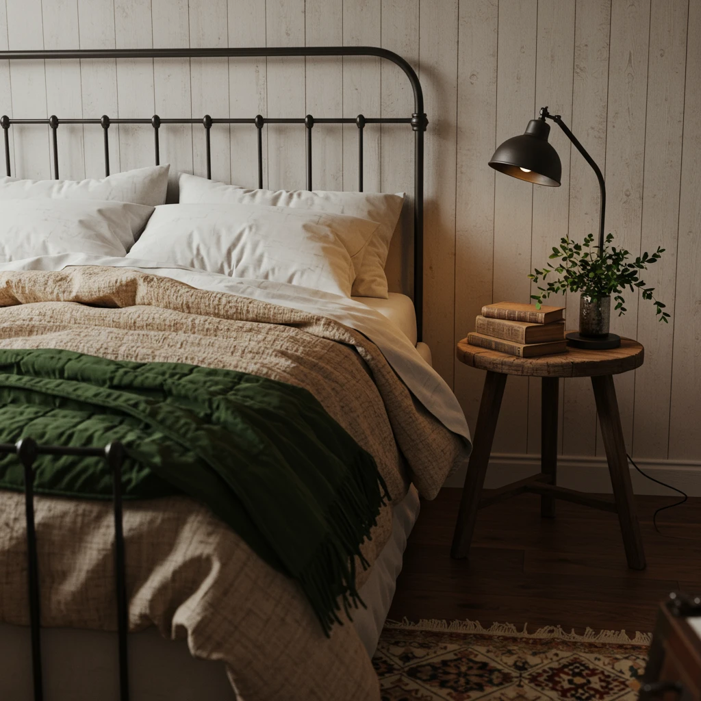 A cozy and inviting farmhouse bedroom styled for fall with a layered duvet, quilt, and a simple wooden nightstand.