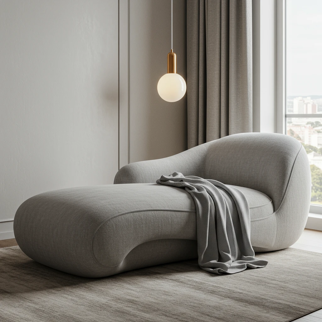 A sculptural and curvy chaise lounge in a light gray fabric, creating a relaxing corner in a serene bedroom.