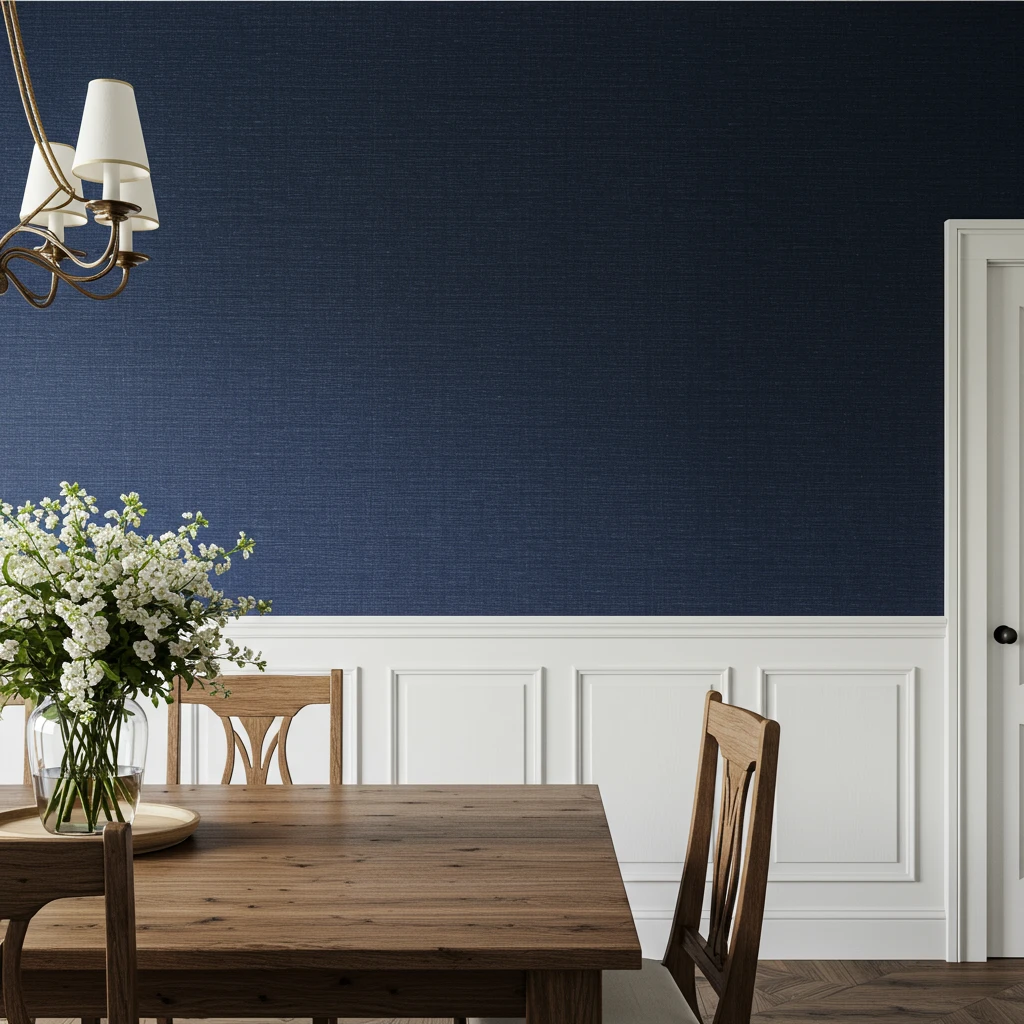 An elegant dining room with deep blue, textural grasscloth wallpaper, a classic Southern decor choice.