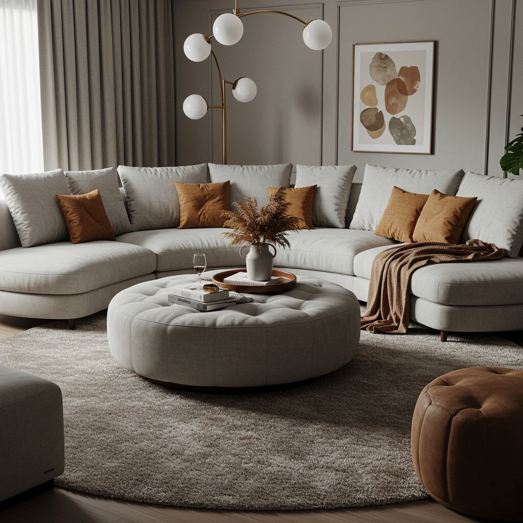 A comfortable living room with a large, light gray curved sectional sofa creating a cozy corner.