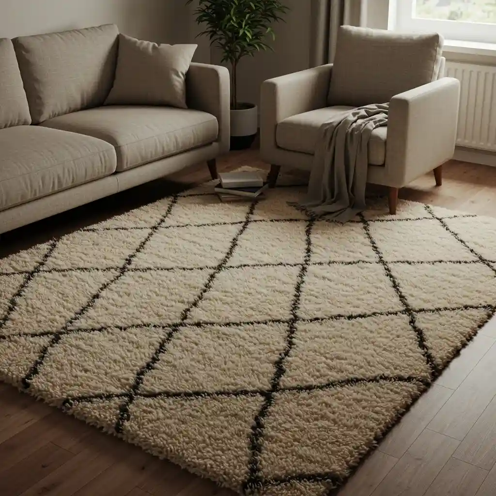 A cozy living room anchored by a plush, high-pile, white and black patterned wool area rug.