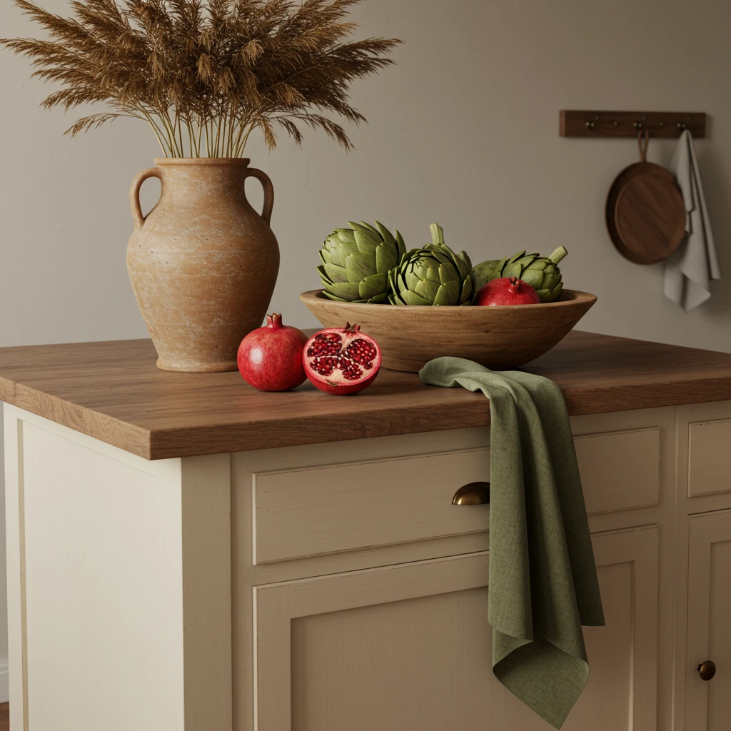 A modern farmhouse kitchen with fall decor in an earthy palette of terracotta and olive green.