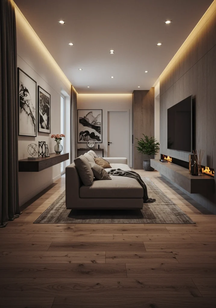 A long, narrow living room with a floating sofa layout to create a clear main walkway.