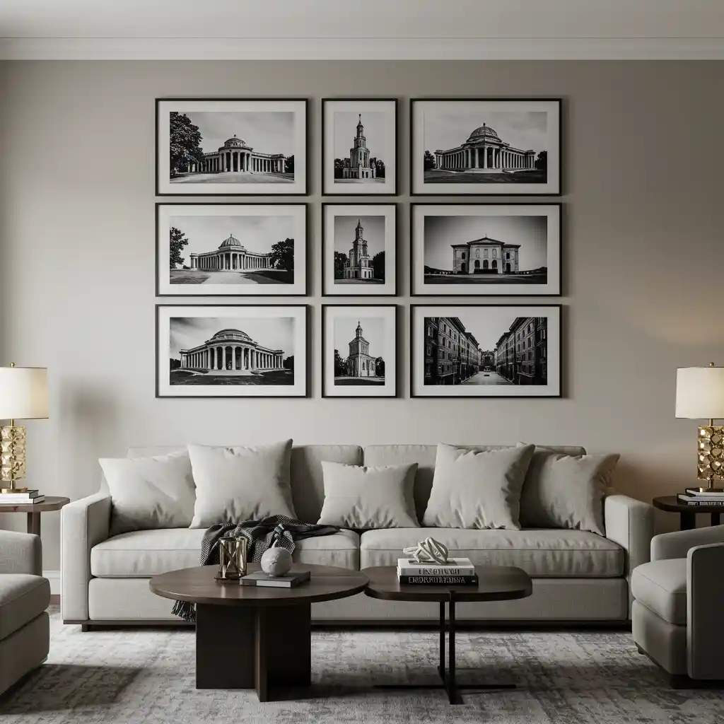 A classic grid gallery wall with black and white photos in identical frames above a living room sofa.