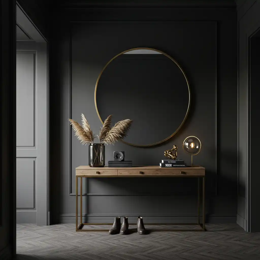 A must-have home decor item: a large, round statement mirror hanging in a stylish entryway.