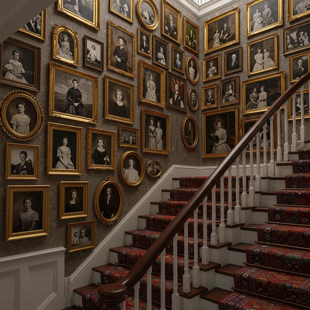A traditional Southern staircase with a large gallery wall of collected family portraits in various styles.