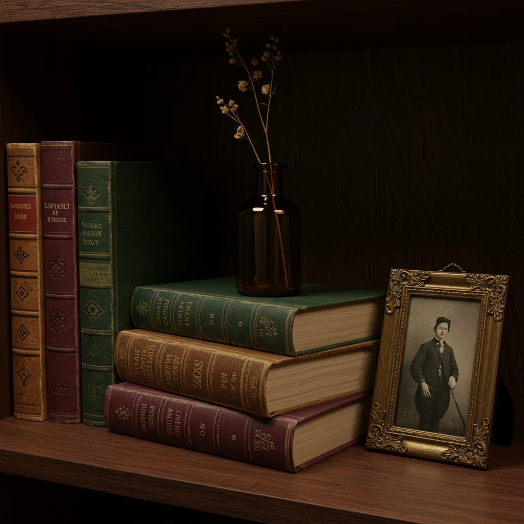 A "dark academia" style bookshelf decorated for fall with vintage books and an amber glass bottle.