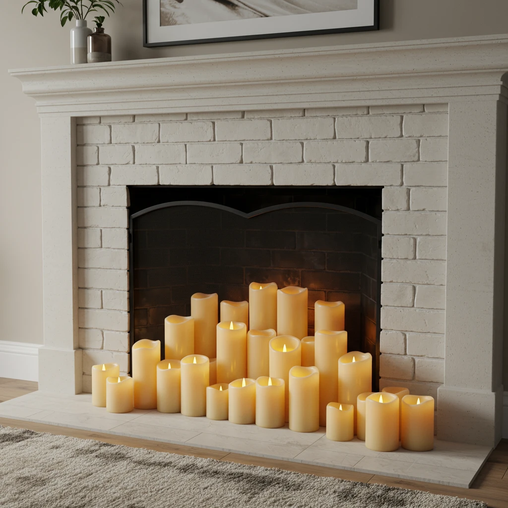 A clever use of a non-working fireplace, filled with a large group of flickering flameless candles for a cozy effect.