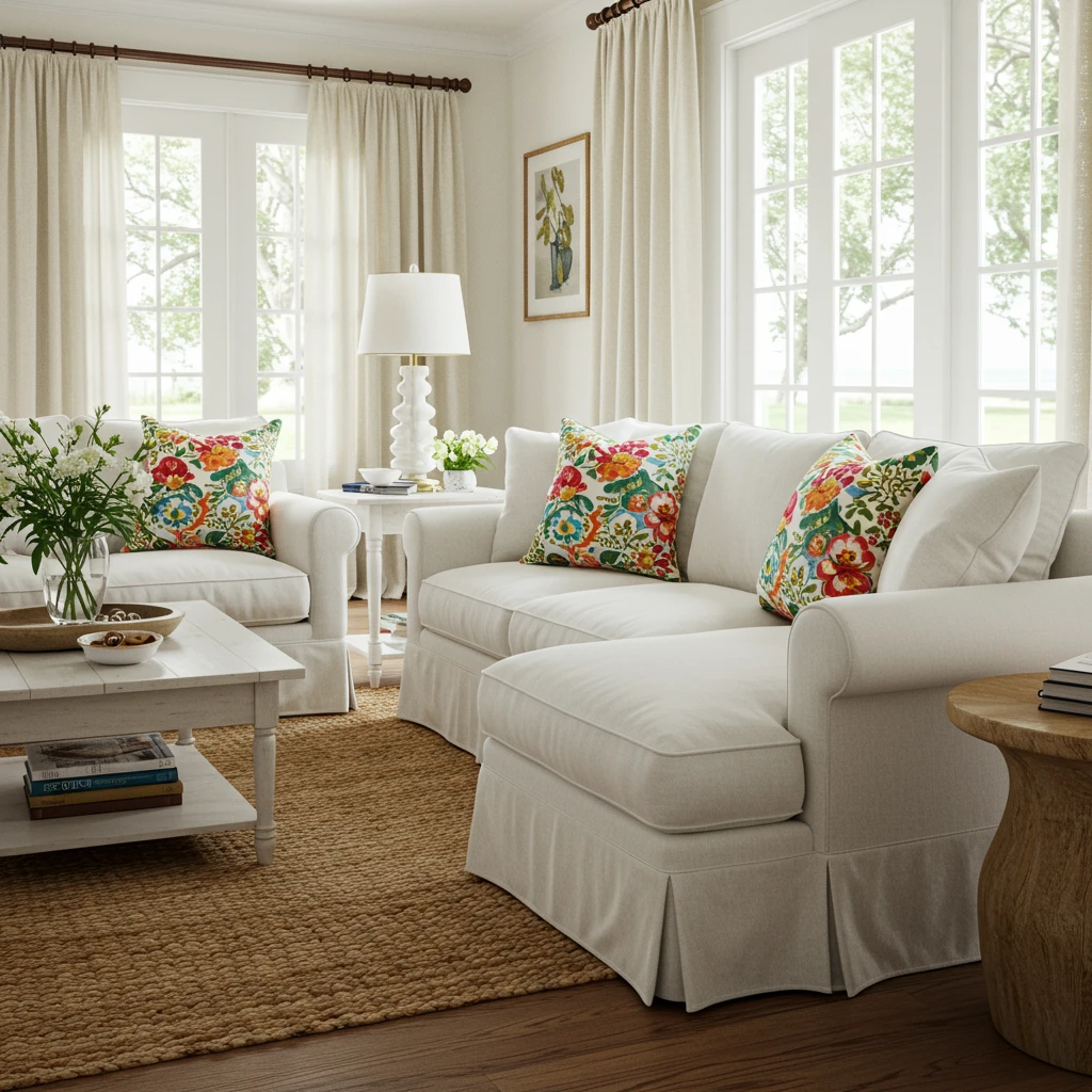 A bright, relaxed living room featuring comfortable sofas and chairs with classic white slipcovers.