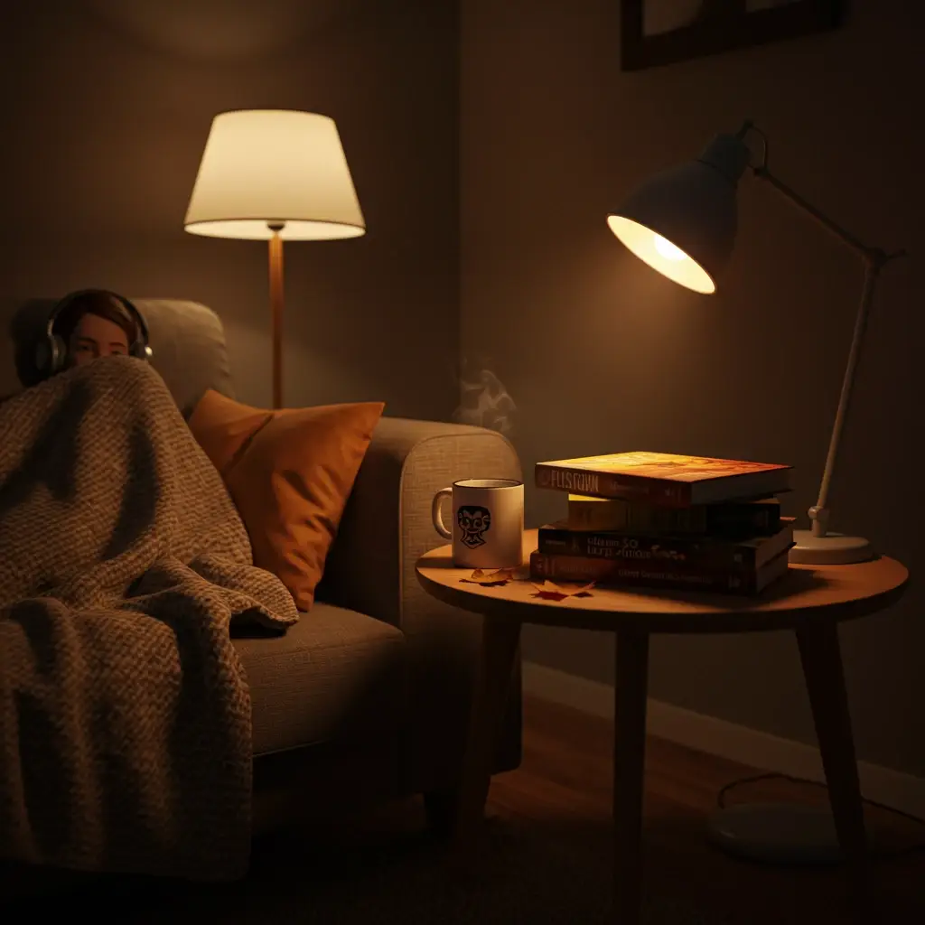 A person relaxing in a cozy fall apartment, listening to headphones with a stack of books and a warm drink nearby.
