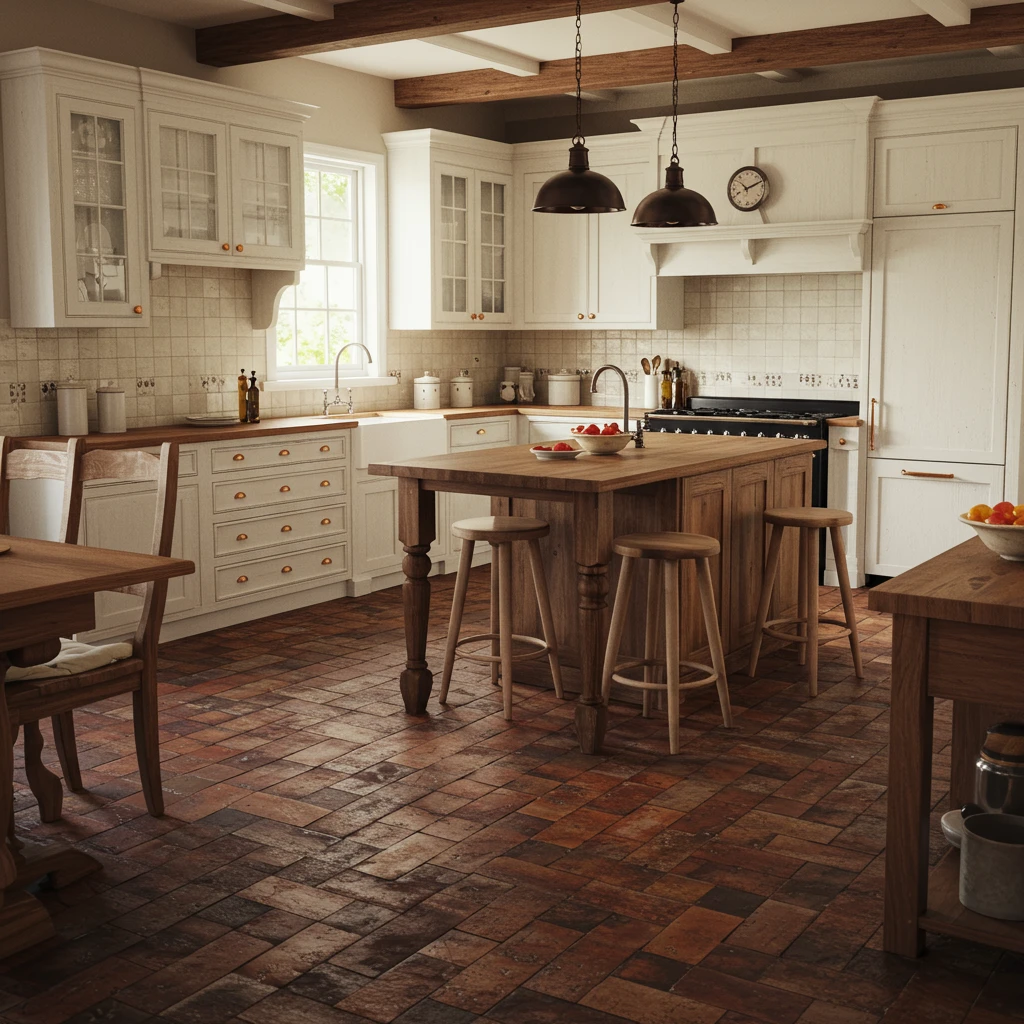 A beautiful, rustic kitchen with a classic herringbone brick floor, a staple of Southern design.