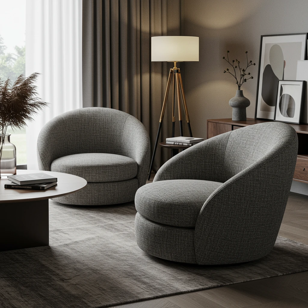 Two modern, gray circular swivel chairs in a contemporary living room, offering flexible seating.