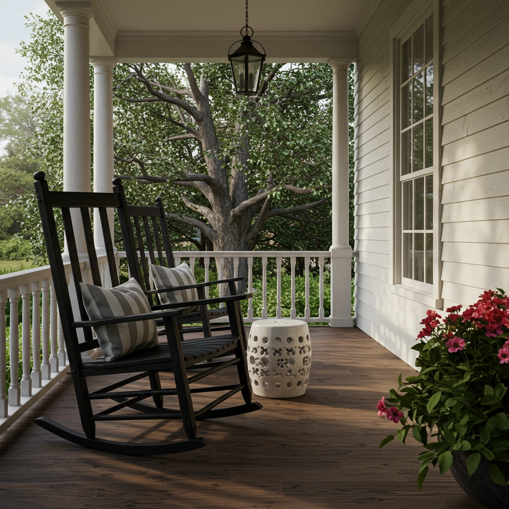 A pair of classic black rocking chairs with striped cushions on a welcoming Southern front porch.
