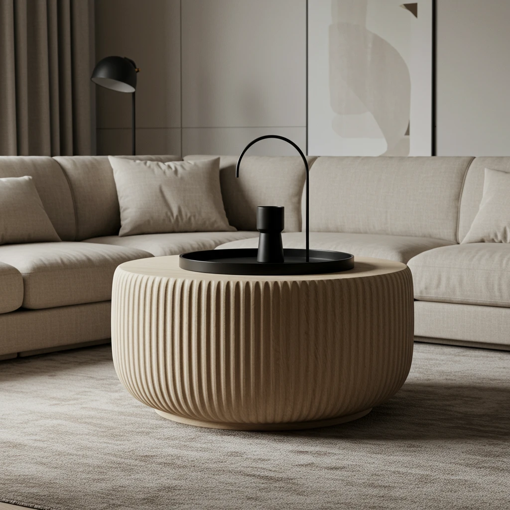 A large, fluted wood drum coffee table in an organic modern living room.