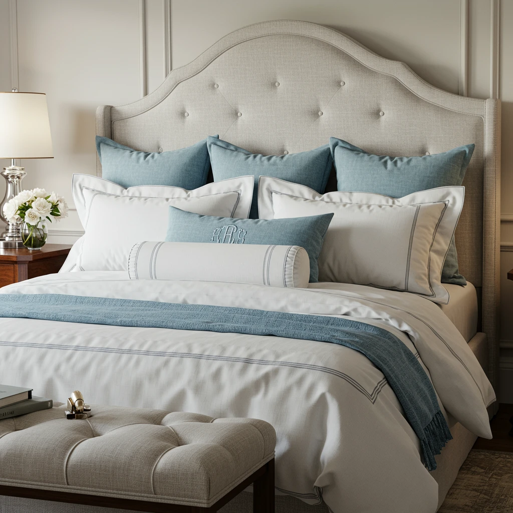 A luxurious, perfectly layered, and "well-dressed" bed with an abundance of pillows, a Southern decor staple.
