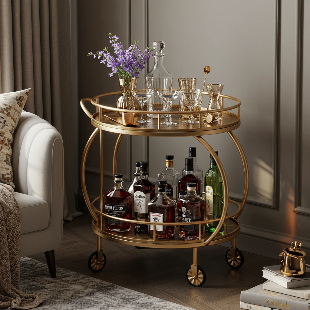 A glamorous, round, gold-finished bar cart styled with a crystal decanter and glassware.