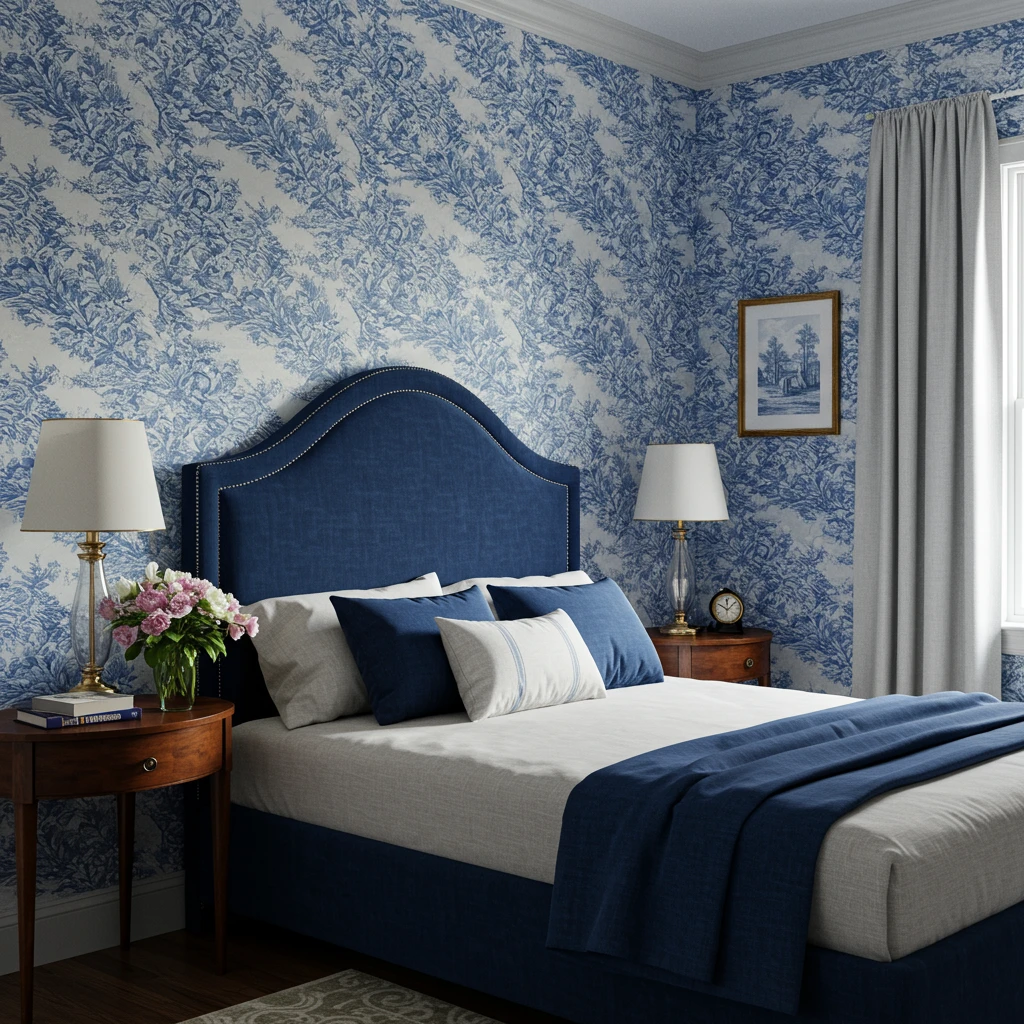 A charming bedroom featuring classic blue and white toile wallpaper, a hallmark of traditional Southern style.