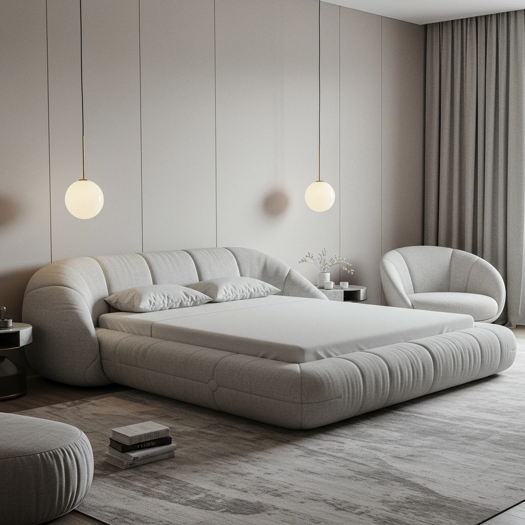A minimalist bedroom featuring a unique platform bed with a soft, fully rounded upholstered frame.