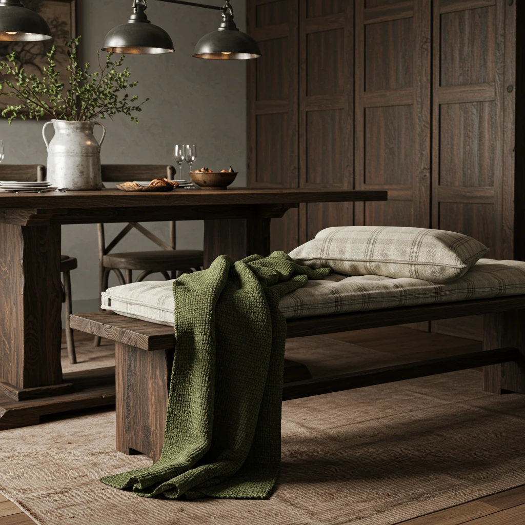 A rustic farmhouse dining bench made cozier for fall with a ticking stripe cushion and a folded wool blanket.