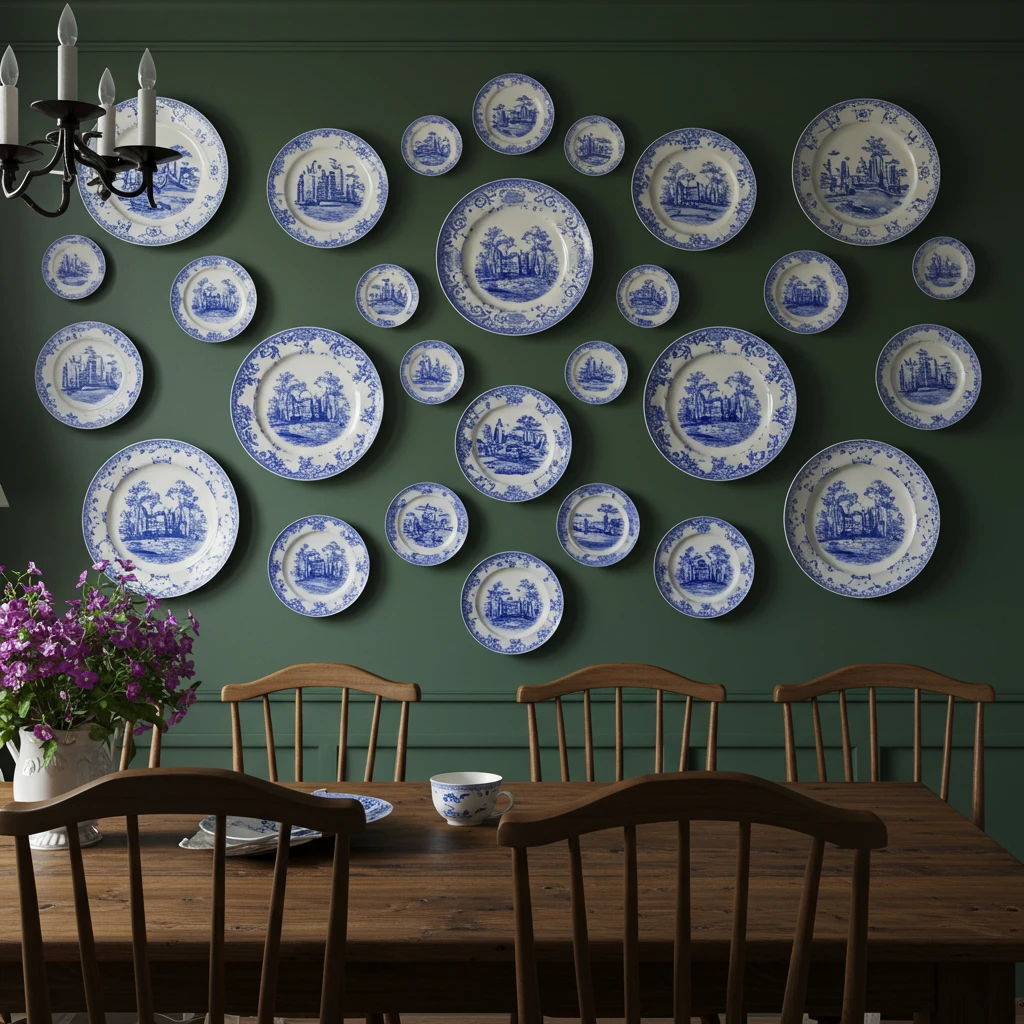 A beautiful gallery wall created from a collection of vintage blue and white plates, a classic Southern decor idea.