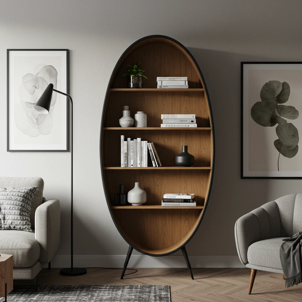 A modern, oval-shaped bookcase with wood shelves used as a sculptural storage piece.
