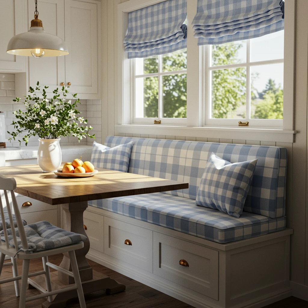 A cozy farmhouse breakfast nook with comfortable cushions in a classic blue and white gingham pattern.