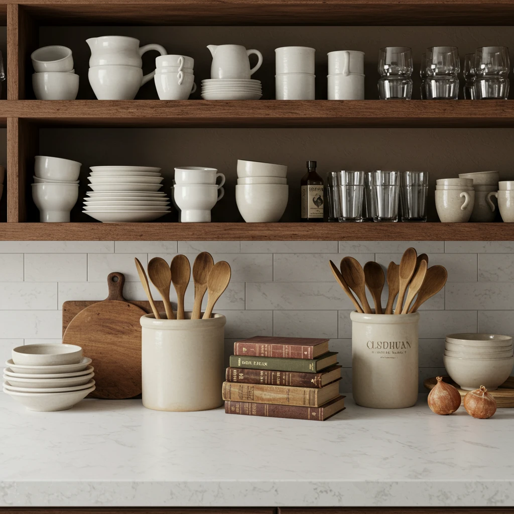 A welcoming Southern kitchen with open shelving displaying dishes and a crock of wooden spoons.