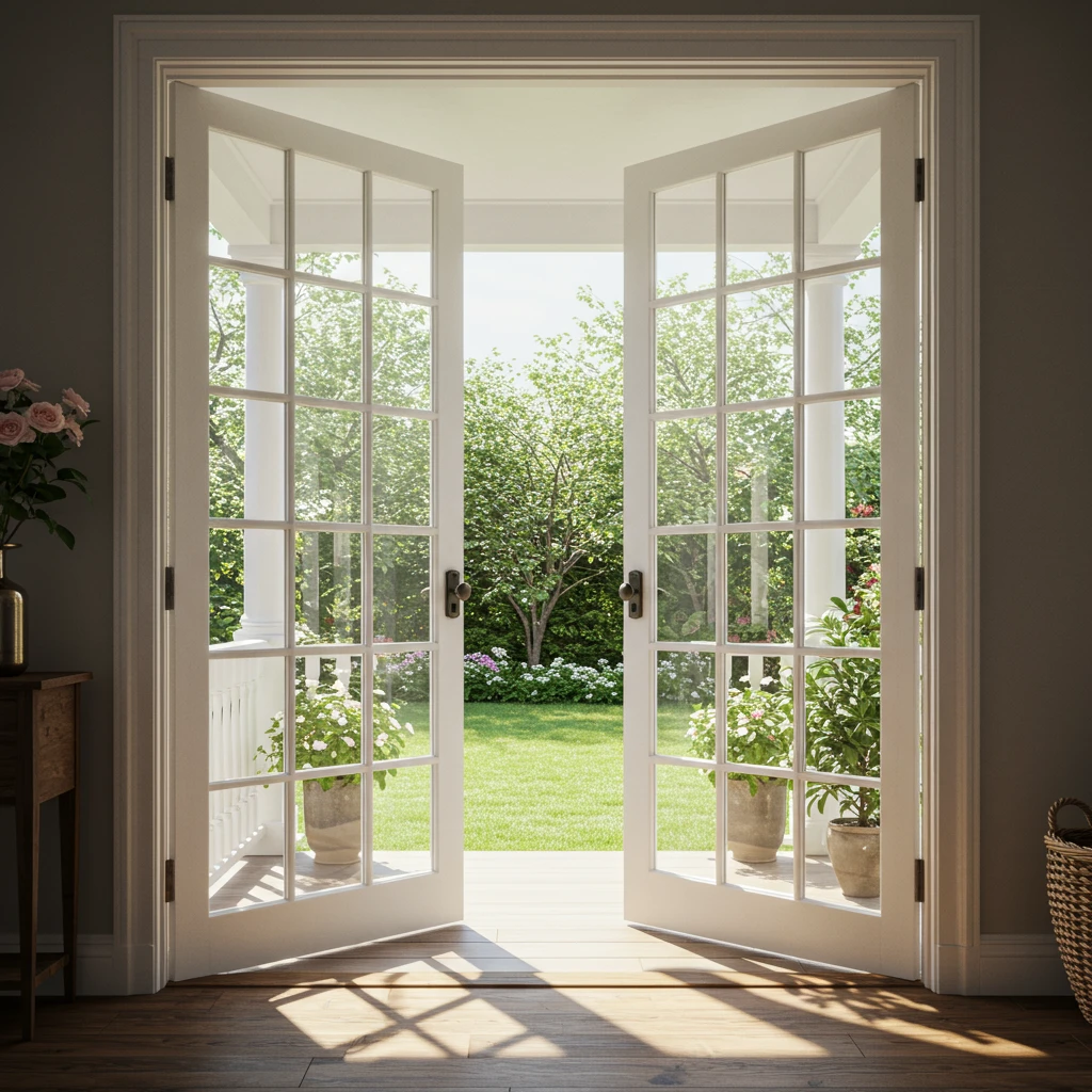 A pair of classic white French doors opening from a living room to a porch, creating an indoor-outdoor connection.