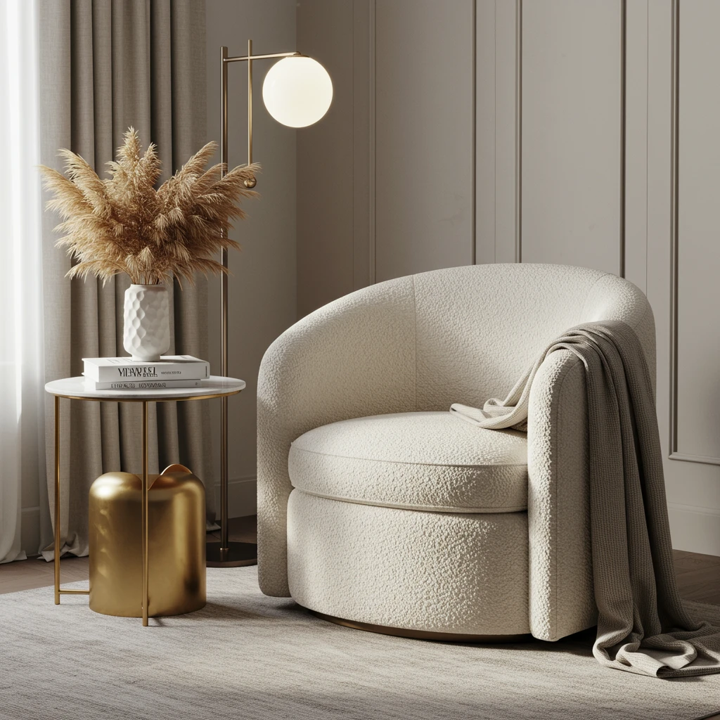 A chic boucle barrel chair in a minimalist living room, showcasing corner-free accent seating.