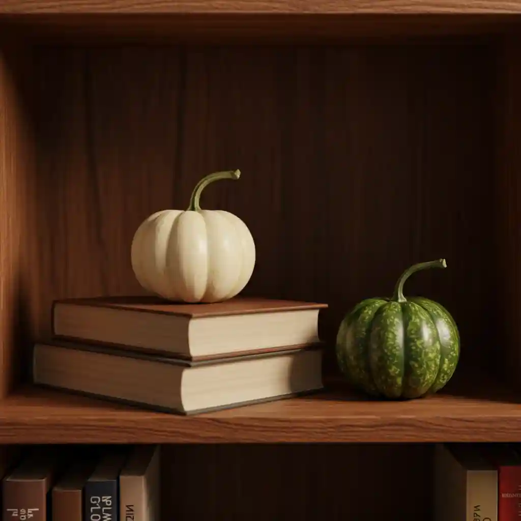 A minimalist fall decor idea for an apartment, showing a small white pumpkin on a stack of books.